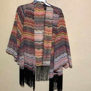 rue 21 Top Cardigan Swimsuit Cover up M Black Red Yellow Fringe Trim